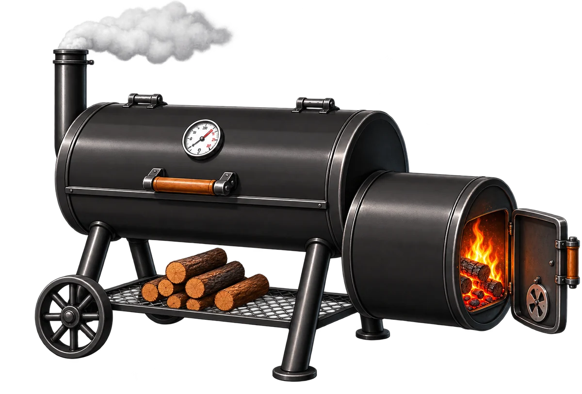 Barrel smoker with an open firebox, glowing coals and rising smoke